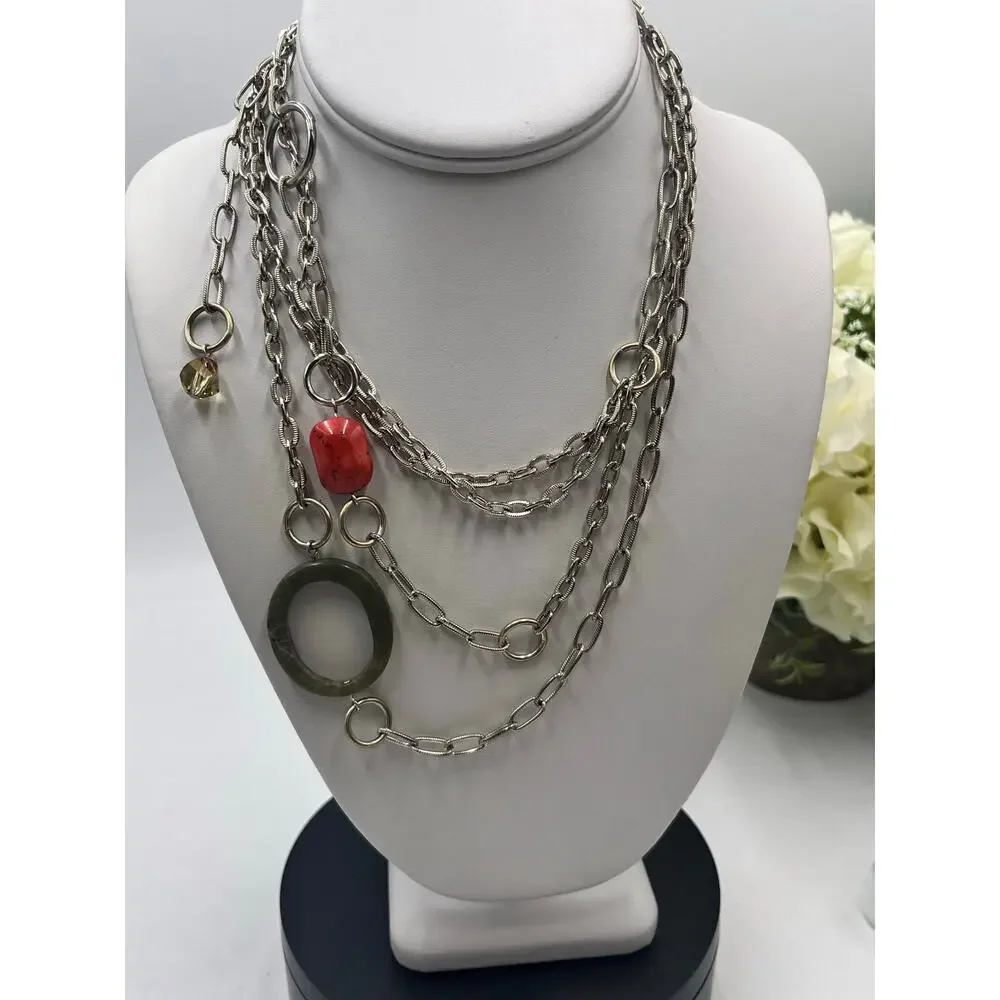 Emily Ray Boho Double Strand Stone Mixed Metal Chains Jade Green‎ Coral Necklace